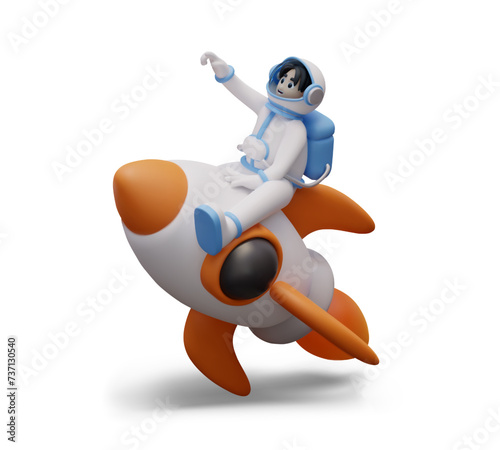 Vector astronaut straddled rocket. Colored astronaut is sitting on spaceship