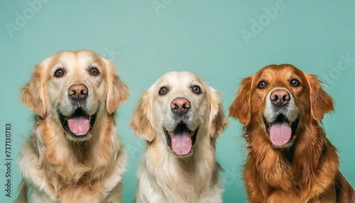 three golden retriever on a mint pastel background surprised animals concept of shock startle photo