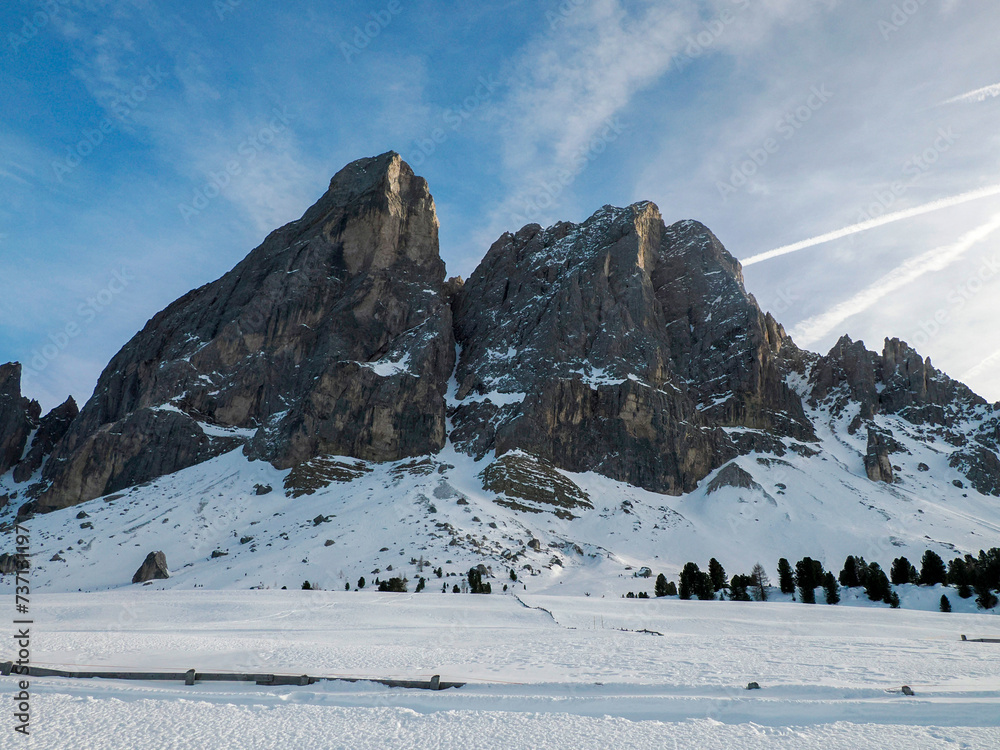 Alpine Pass Passo delle Erbe Sass de Putia at the entrance to the Puez-Odle Nature Reserve. dolomites snow panorama in winter