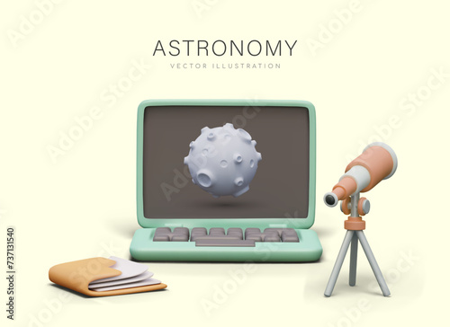 Open laptop with planet on screen, telescope on tripod, folder with notes