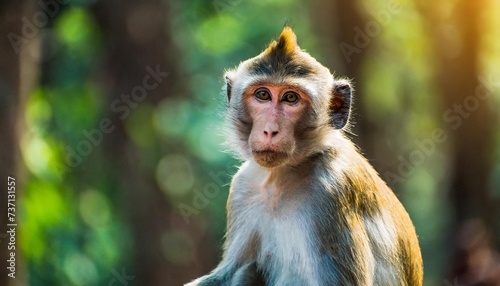 indian macaque monkey posing in the middle of the forest photo