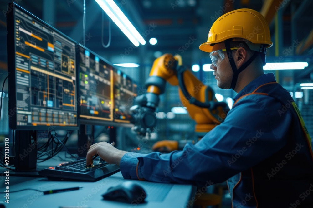An engineer is using a computer to monitor live machine data in a smart factory automotive industrial industry 4th IoT digital manufacturing operation An engineer is using a computer to monitor live machine data in a smart factory automotive industrial industry 4th IoT digital manufacturing operation