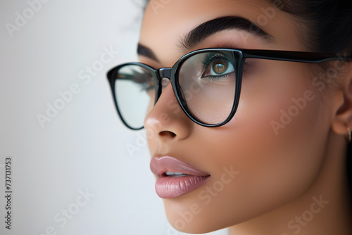 Closeup portrait of beautiful young woman wearing eyeglass isolated on white background