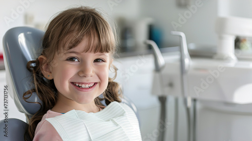Portrait of a small Patient sitting in a Dentist's chair and smiling with a toothy Smile