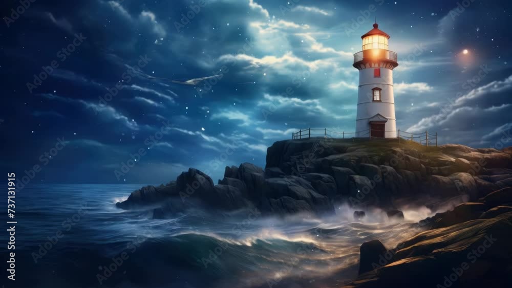 A picturesque lighthouse perched atop a rocky island. Ideal for maritime-themed projects or coastal landscapes.