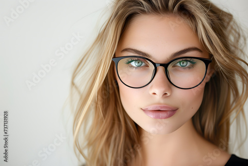 Closeup portrait of beautiful young woman wearing eyeglass isolated on white background