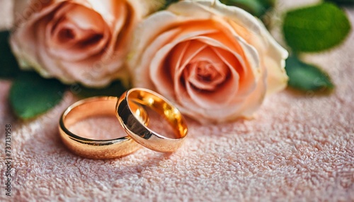 gold wedding rings and a place for text marriage background copy space peach fuzz