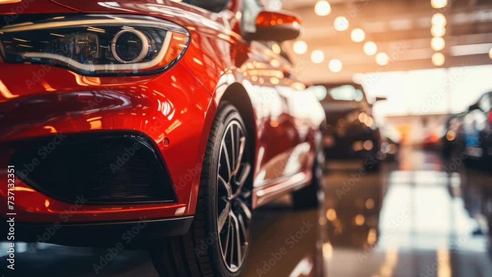 A red car parked in a showroom. Suitable for automotive industry promotions. A red car parked in a showroom. Suitable for automotive industry promotions.