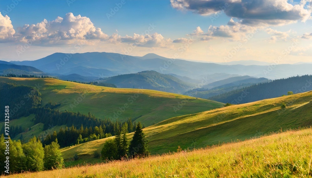carpathian countryside scenery in late summer grassy pastures on the rolling hills of mountainous landscape sunning view in evening light