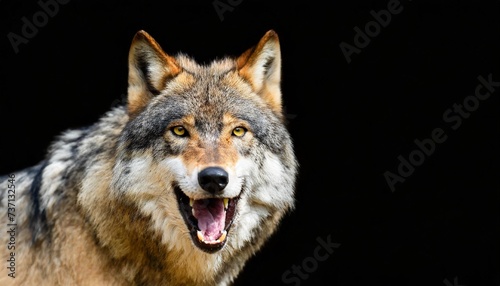 angry grinning wolf canis lupus on black background growling muzzle of a wolf banner about wild animal with copy space photo