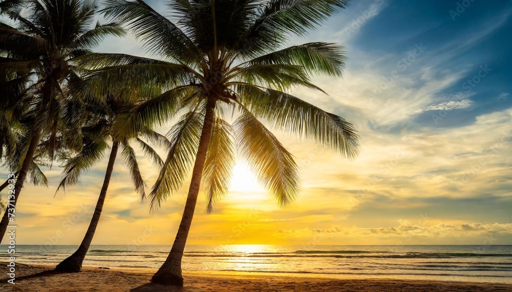 silhouette palm leaves or coconut tree on summer beach