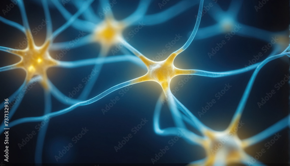 Close-up of a neuron or nerve cell integrated in the neuronal network and sending and transmitting impulses Close-up of a neuron or nerve cell integrated in the neuronal network and sending and transmitting impulses