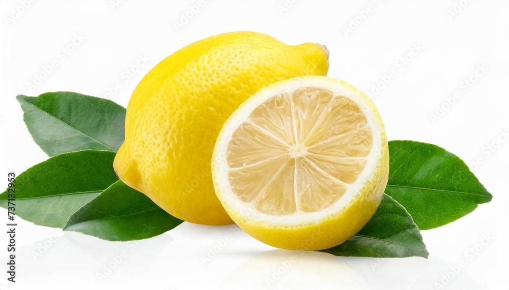 lemon with leaves isolated on transparent background cutout