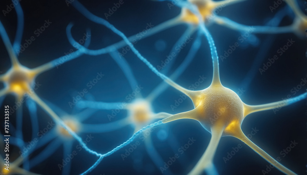 Close-up of a neuron or nerve cell integrated in the neuronal network and sending and transmitting impulses Close-up of a neuron or nerve cell integrated in the neuronal network and sending and transmitting impulses