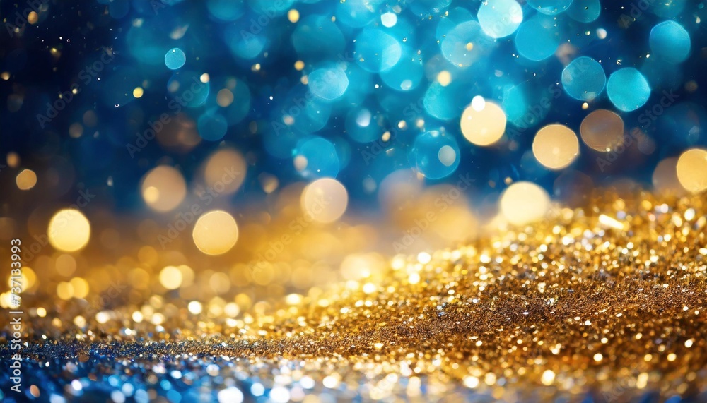 blue and golden glitter in shiny defocused background abstract christmas lights