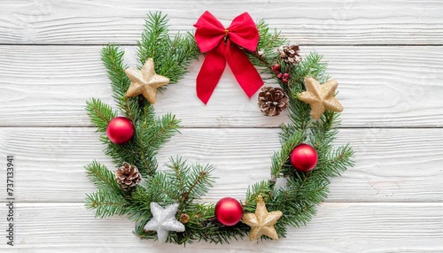 christmas composition christmas wreath made of decorations fir tree branches on white background flat lay top view copy space © Marsha