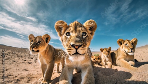 a group of young small teenage lions curiously looking straight into the camera in the desert ultra wide angle lens
