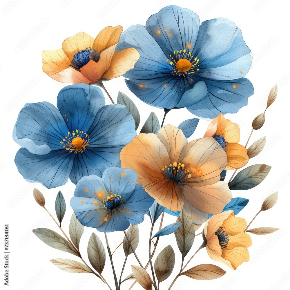 custom made wallpaper toronto digitalBlue Peony Flowers Bouquet, Watercolor Painting with Grunge Texture Illustration, Isolated on White Background