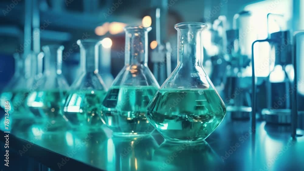 Glass flasks filled with green liquid. Can be used to represent scientific experiments or laboratory research. Glass flasks filled with green liquid. Can be used to represent scientific experiments or laboratory research.