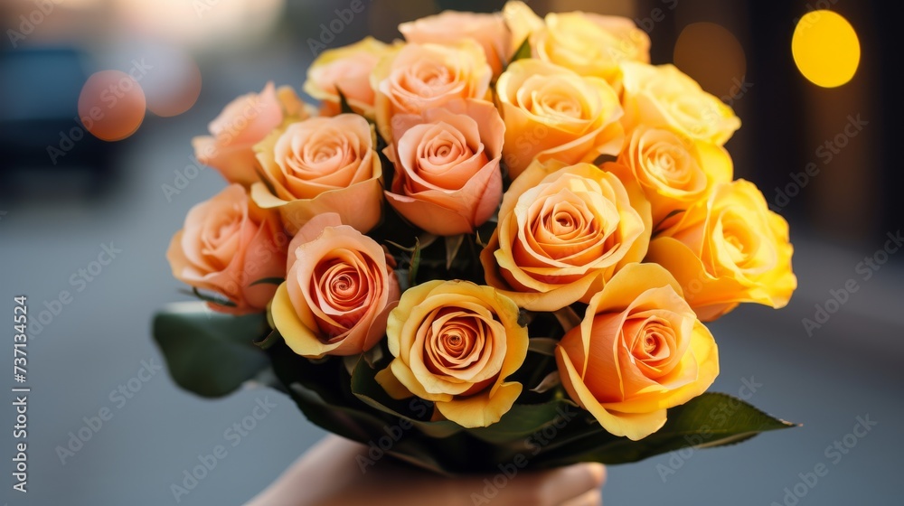 Hands holding vibrant bouquet colorful rose