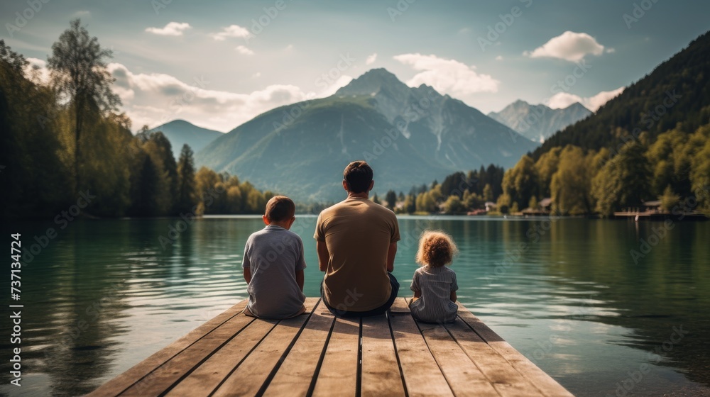 Father and children sitting together on jetty, Enjoying the high mountain view from a wooden pier