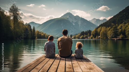 Father and children sitting together on jetty, Enjoying the high mountain view from a wooden pier © JH45