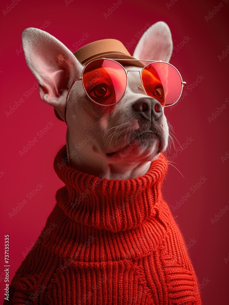 Bull Terrier dog portrait with high necked sweater, showcasing innovative and fashionable beauty trends from the 1960s