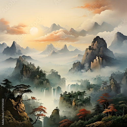 Watercolor Asian mountain landscape.