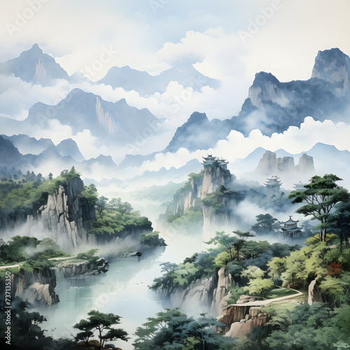 Watercolor Asian mountain landscape.