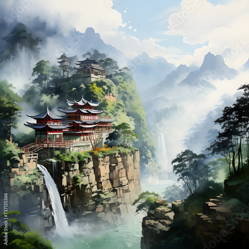 Watercolor Asian mountain landscape.