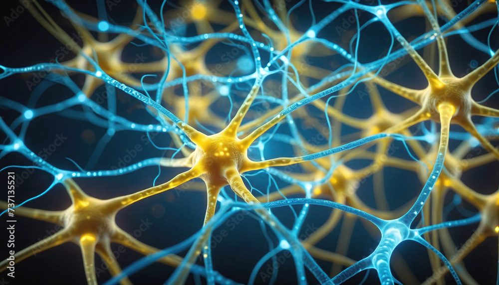 Close-up of a neuron or nerve cell integrated in the neuronal network and sending and transmitting impulses Close-up of a neuron or nerve cell integrated in the neuronal network and sending and transmitting impulses