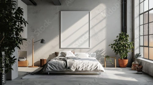 A serene minimalist bedroom bathed in soft morning sunlight, with crisp white bedding and fresh green plants.