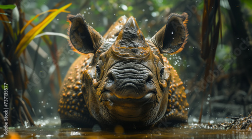 Close-up of a javan rhinoceros (Rhinoceros sondaicus) in the water with droplets visible on its skin, ai generated photo