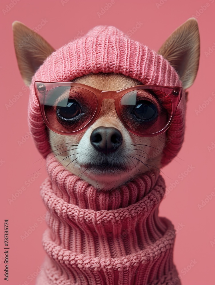 Chihuahua dog portrait with high necked sweater, showcasing innovative and fashionable beauty trends from the 1960s