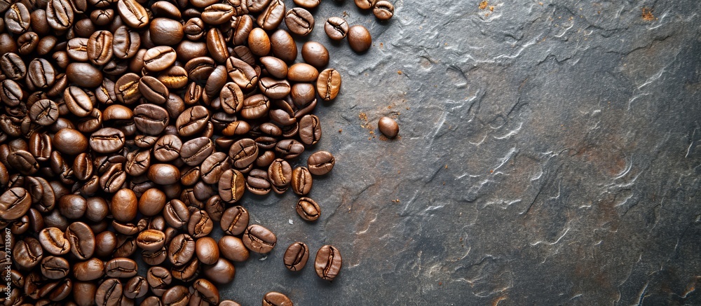 Top view of roasted coffee beans on a stone background, providing space for your text. Top view of roasted coffee beans on a stone background, providing space for your text.