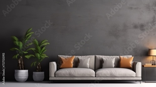 Modern living room with and minimalist room interior on dark gray wall background © JH45