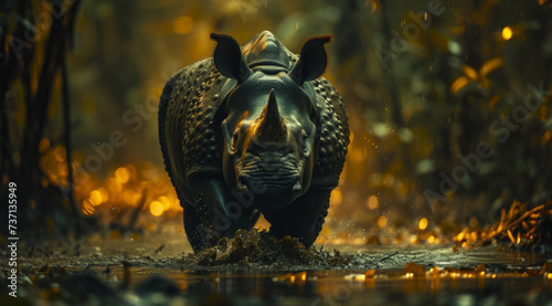A javan rhinoceros (Rhinoceros sondaicus) charging through mud in golden light, ai generated photo