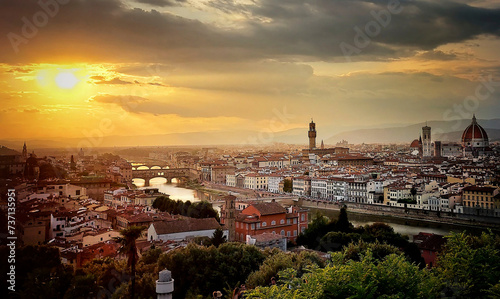 Florence (Firenze, Italy. Sunset panorama. Dusk view of ancient city. Famous Ponte Vecchio bridge over Arno river, . Cathedral Duomo Santa Maria del Fiore, Palazzo
