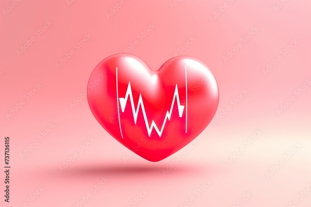Red heart and heartbeat wave icon sign or symbol on pink background 3d illustration Red heart and heartbeat wave icon sign or symbol on pink background 3d illustration