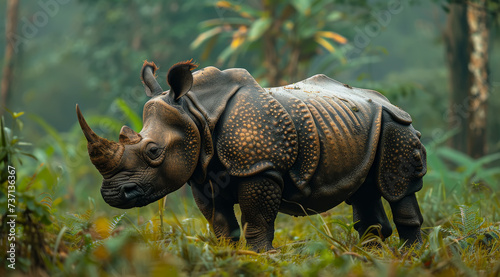 Side view of a javan rhinoceros (Rhinoceros sondaicus) walking through a lush jungle, ai generated photo