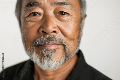 Closeup portrait of Asian senior man isolated on white background