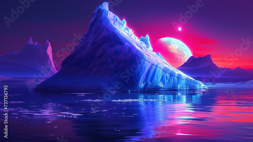 an unknown planet Iceberg in the middle of the ocean at night illuminated by a light