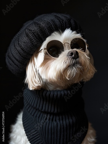 Maltese dog portrait with high necked sweater, showcasing innovative and fashionable beauty trends