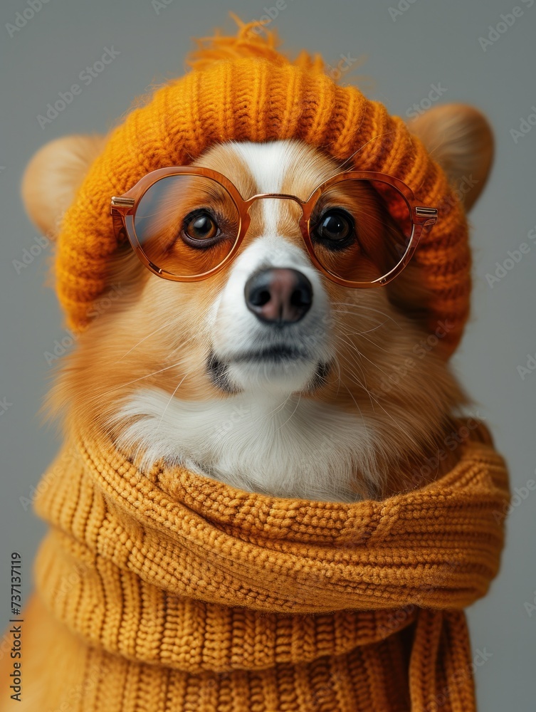 Pembroke Welsh Corgi dog portrait with high necked sweater, showcasing innovative and fashionable beauty trends