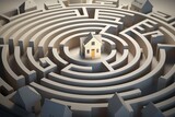 3D House in the center of a maze real estate background banner 3d illustration  
