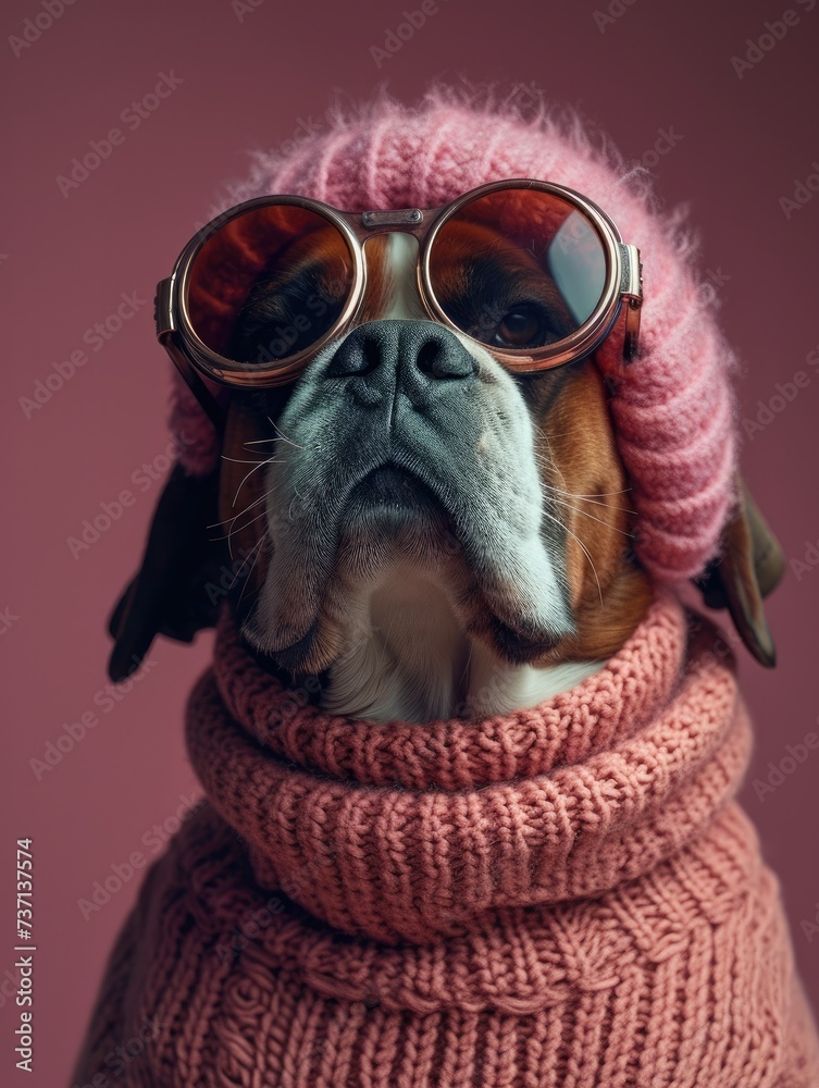 St. Bernard dog portrait with glasses and high necked sweater