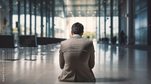 depressed businessman suffering from depression sitting alone in the hall feeling lonely. in an empty and empty workplace