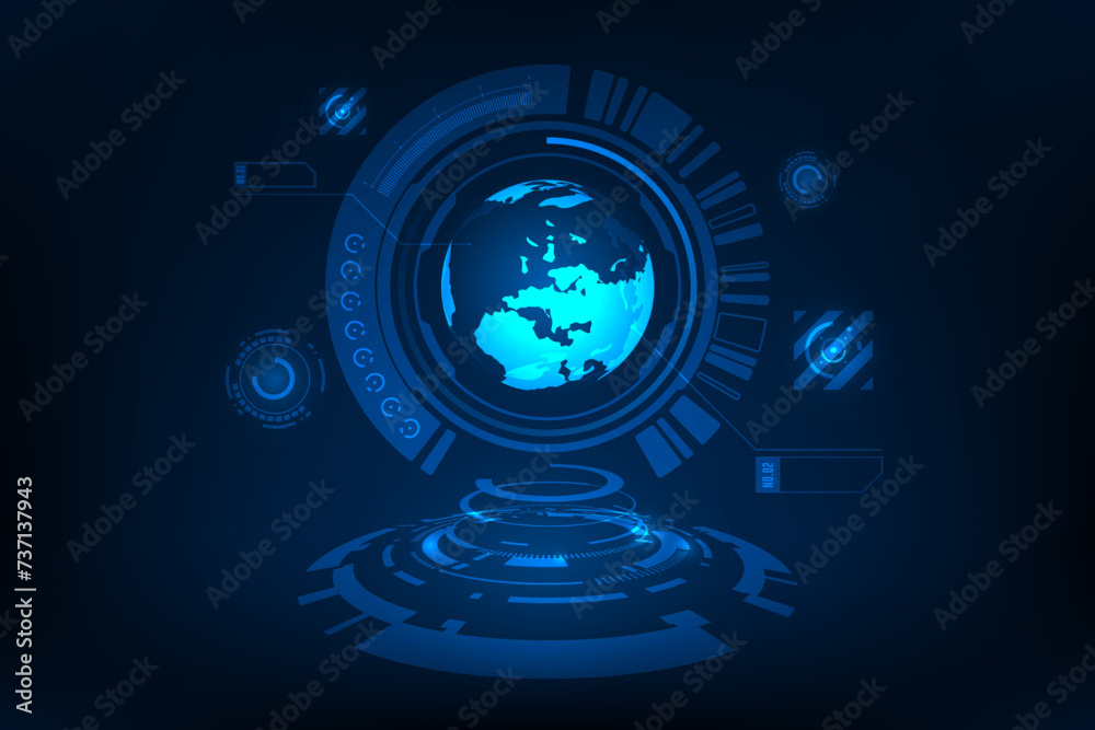 Vector digital communication concept, cyber cloud network. Futuristic blue light background.
