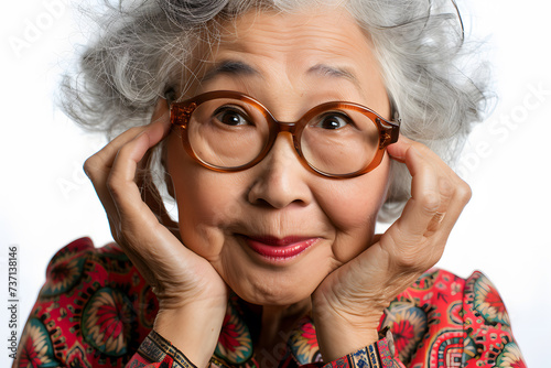 Closeup Portrait of pretty elderly asian woman isolated on white background