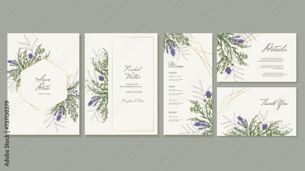 Wedding Invitation and Thank You Card Templates with Details. Spring and Summer Watercolor Field Flowers. Rustic Wedding. Vector